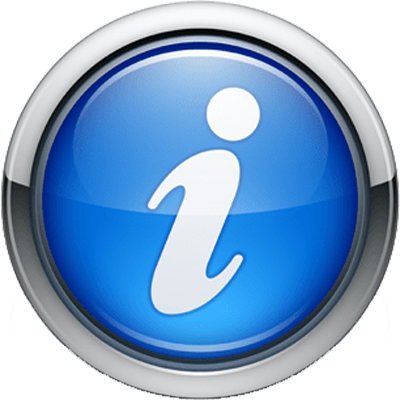 A blue button with the white lowercase letter "i" on it. Indicating where FAQ can be answered. 