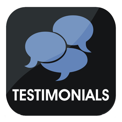 Three overlapping blue speech bubbles over the word testimonials in all caps, all in a black box. 