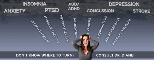 A frustrated young woman with long brown hair, holding her head. She is wearing a gray, fitted, long-sleeved shirt and is surrounded by white words on a gray background. The words are names of conditions and treatments that Dr. Diane offers through brain health consults and at the bottom it says, "Don't Know Where to Turn? Consult Dr. Diane"