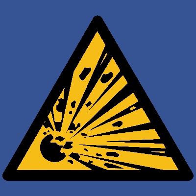An illustration of a triangular yellow and black blast zone street sign on a square cobalt blue background.