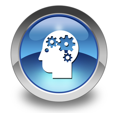 A white silhouette of a head filled with gears on a blue button outlined in silver, indicating cognitive disabilities.