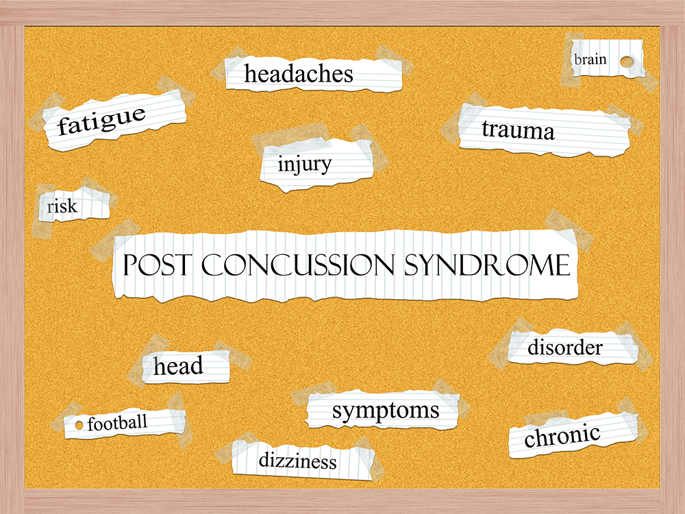 A cork board with the words Post Concussion Syndrome on it. There are other smaller words around it and these words indicate symptoms of the syndrome.