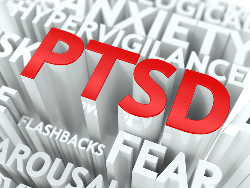 PTSD in red letters and other words that describe Post-Traumatic Stress Disorder problems.