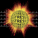 Stress graphic showing ball with stress written all over it with rays coming out of it like the sun