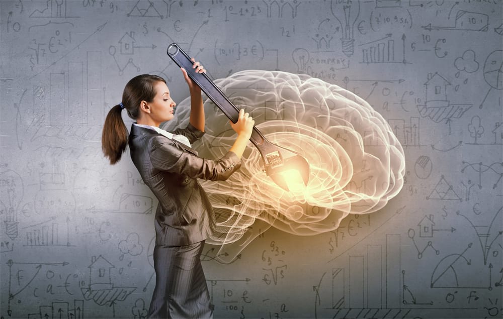 Illustration of a Brain Health Expert improving brain function with an adjustable wrench. 