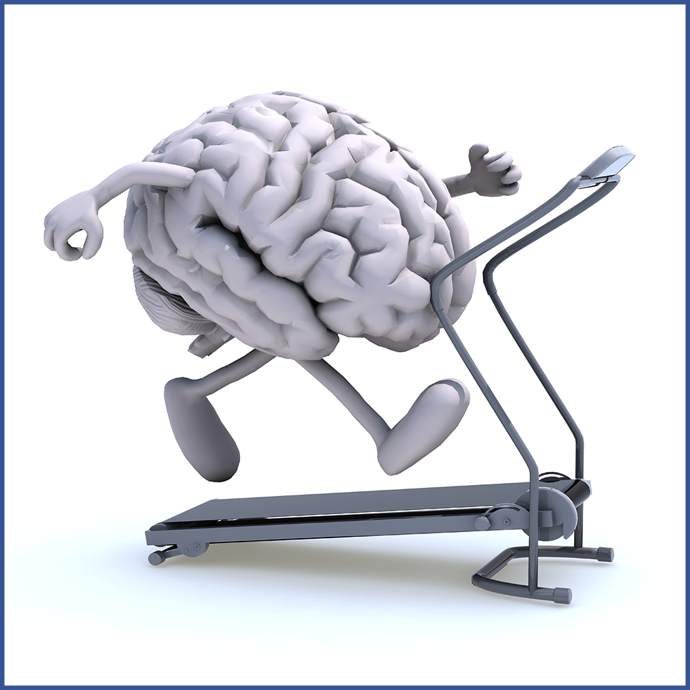 Graphical representation of a brain on a treadmill for brain fitness for athletes