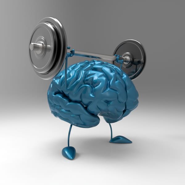 An illustration of a blue brain lifting barbells as an example of Brain Fitness Training.