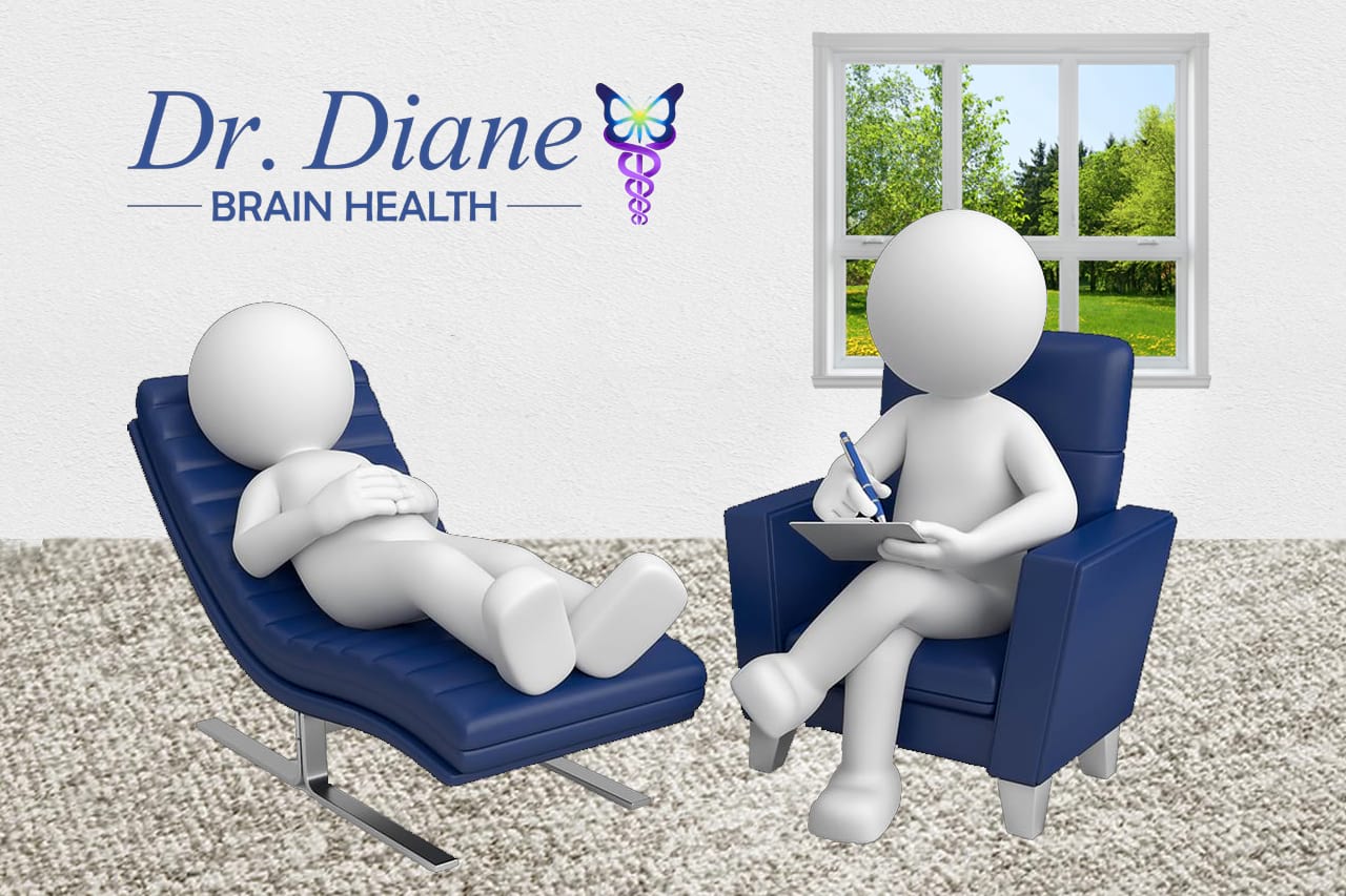 Illustration of a psychiatrist in chair and patient on couch receiving a consult. 