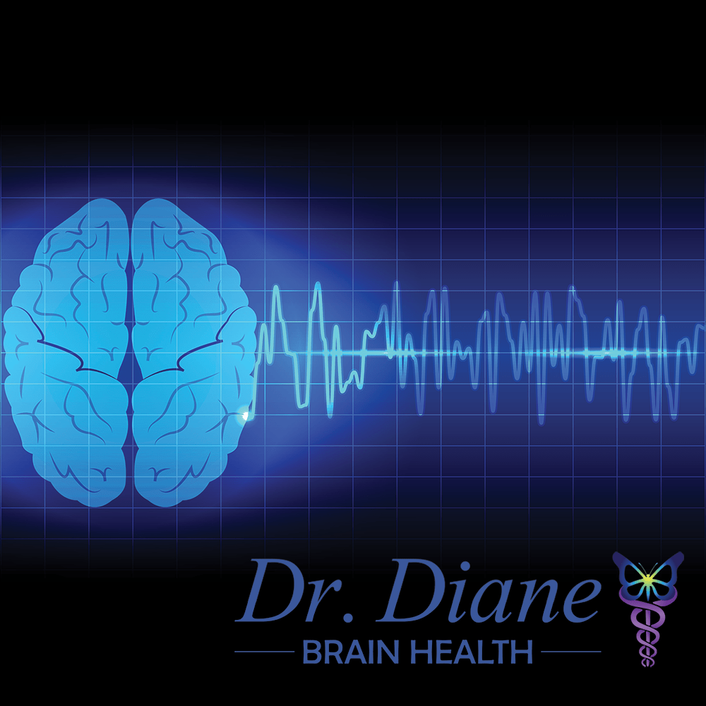 A black square with a top view of a glowing blue brain on the left. On the right is a brainwave EEG graph—Dr. Diane's Brain Health logo is on the lower right. 