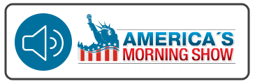 A rectangular button with a white background and the America's Morning Show logo on the right and a speaker or sound illustration in a blue circle on the left.