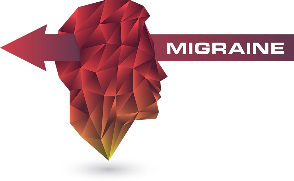 An illustration of a human head. There is an arrow with the word migraine going through the top of the head to indicate a headache. 