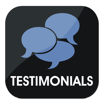 Three overlapping blue speech bubbles over the word testimonials in all caps, all in a black box. 
