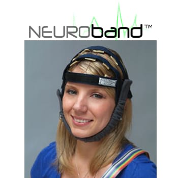 A portrait of a blonde woman in a blue shirt, smiling and wearing the Neuroband product on her head. 
