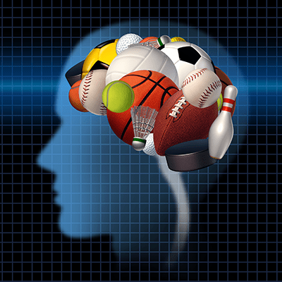 An illustration of sports equipment forming the shape of a brain inside the outline of a human head and signifying sports neuropsychology. 
