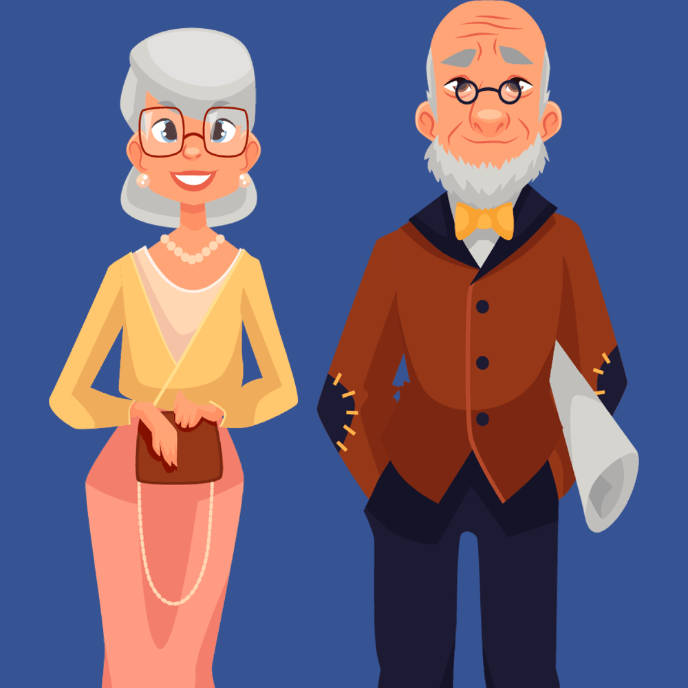 A cartoon graphic of an older couple with gray hair after Brain Training. 