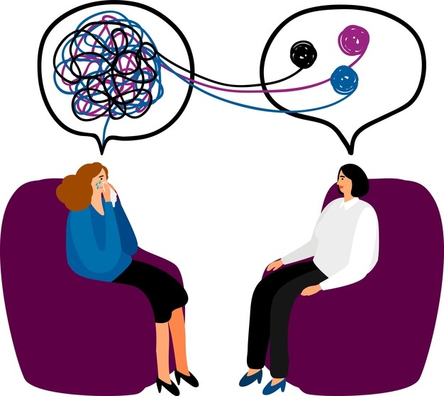 An illustration of a female patient and a female doctor sitting in purple armchairs facing each other. Above the patient and doctor are thought bubbles illustrating that Psychotherapy is happening.